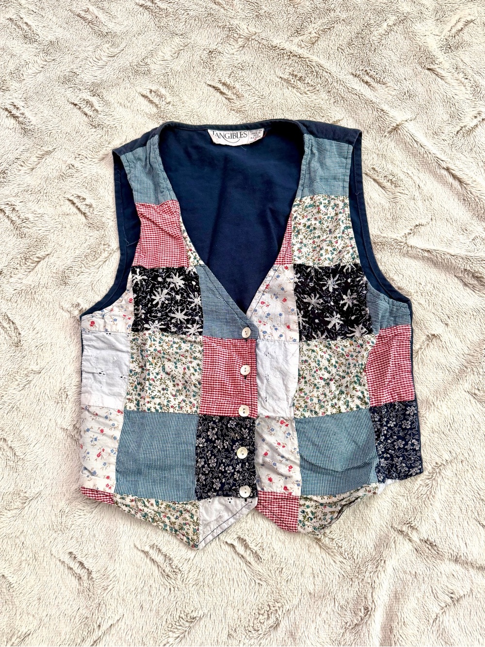 Tangibles Vintage Patchwork Button Up Vest Small 100% Cotton Floral Grid